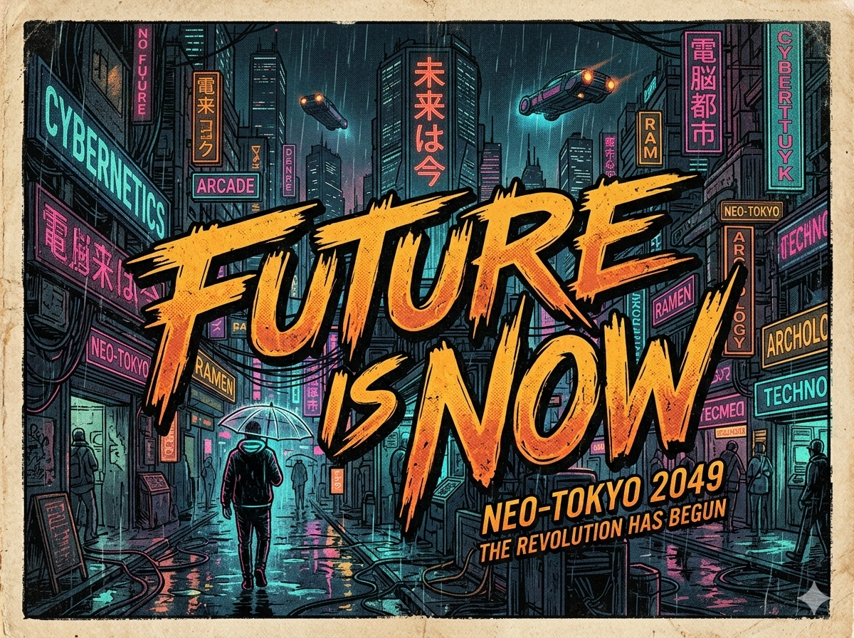 AI generated cyberpunk Future Is Now poster with neon typography using Nano Banana 2