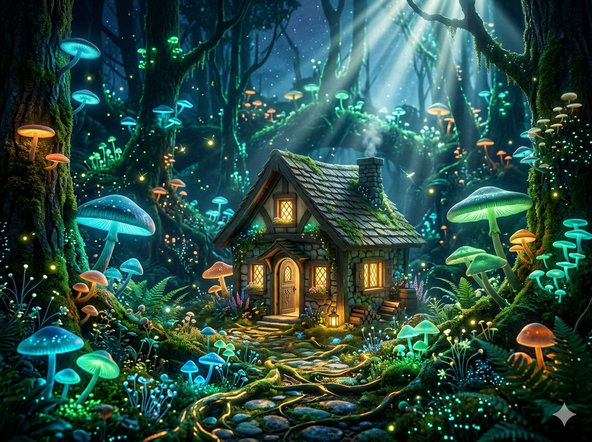 AI generated bioluminescent mushroom forest fantasy scene using Nano Banana 2